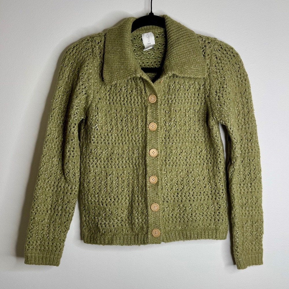 Joie Green Knit Cardigan Sweater Women's‎ Small Button Front Collared Cozy Retro